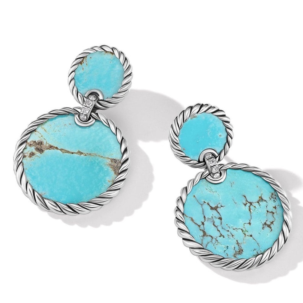 David Yurman Sterling Silver DY Elements Double Drop Earrings Turquoise Diamonds